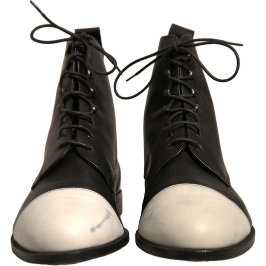 Sergio Rossi Black White Leather Lace Up Flats Ankle Boots Shoes