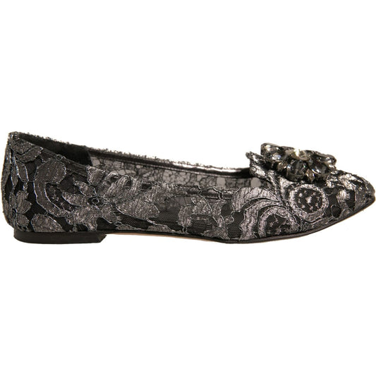 Dolce & Gabbana Silver Crystal Loafer Lace Ballet Flats Shoes
