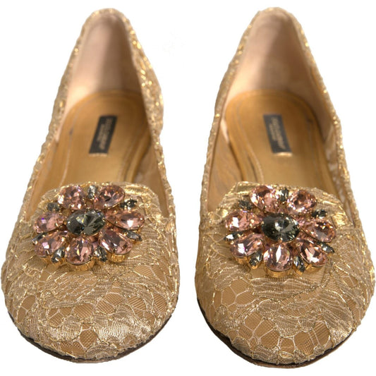 Dolce & Gabbana Gold Crystal Loafer Lace Ballet Flats Shoes