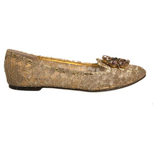 Dolce & Gabbana Gold Crystal Loafer Lace Ballet Flats Shoes