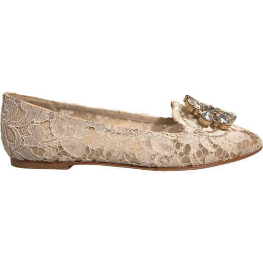 Dolce & Gabbana Beige Crystal Loafer Lace Ballet Flats Shoes