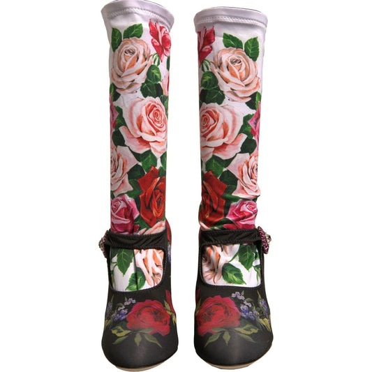 Dolce & Gabbana Black Floral Socks Crystal Boots Jersey Shoes