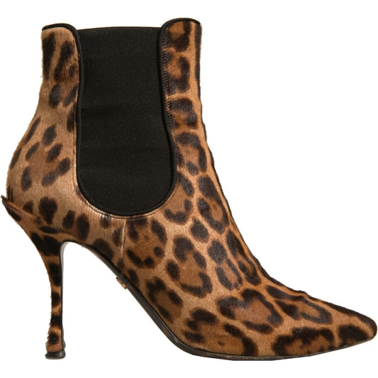 Dolce & Gabbana Brown Leopard Leather Stretch Heels Boots Shoes