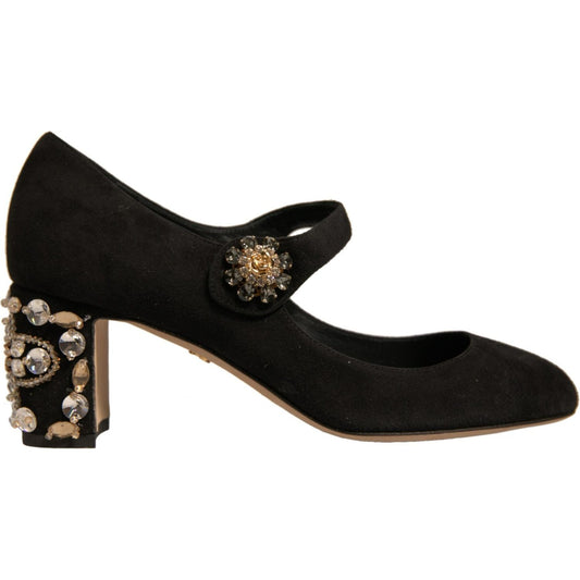 Dolce & Gabbana Black Suede Jewelled Mary Jane Pumps Shoes