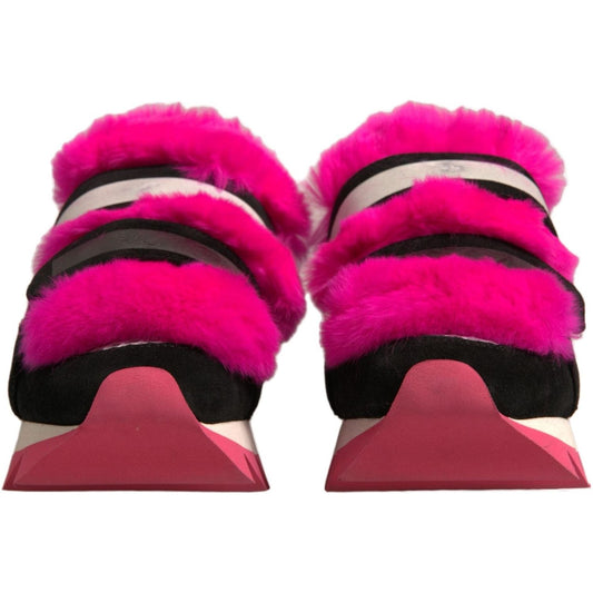 Dolce & Gabbana Black Pink Fur Embellished Sneakers Shoes