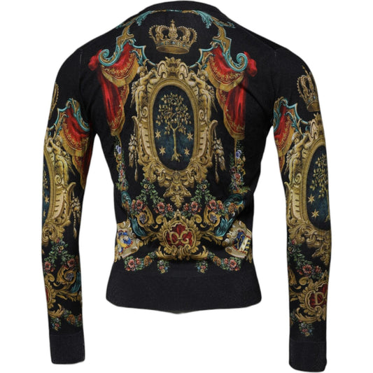 Dolce & Gabbana Black Heraldic DG Silk Round Neck Pullover Sweater