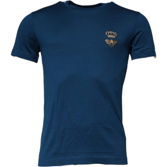 Dolce & Gabbana Blue Crown Bee Cotton Men Crew Neck T-shirt