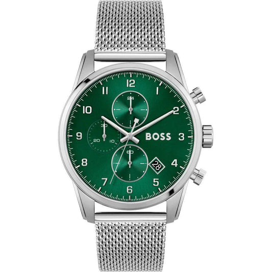 Hugo Boss silver stainless steel quartz watch with green dial and mineral glass, featuring analog display and pressure closure.