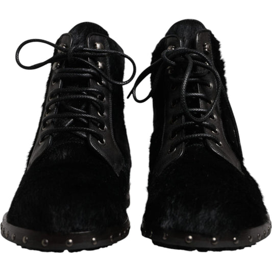 Dolce & Gabbana Black Pony Style Leather Mid Calf Boots Shoes