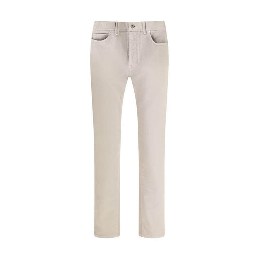 Brioni Meribel Jeans in cotton with five-pocket design, button zipper closure, belt loops, leather brand patch, SS25 collection.