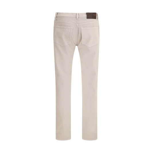 Back view of Brioni Meribel Jeans in cotton with leather patch and five-pocket design, featuring button and zipper closure, SS25 collection.