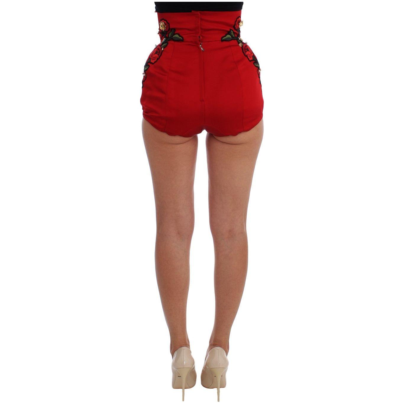 Dolce & Gabbana Red Silk Crystal Roses Shorts