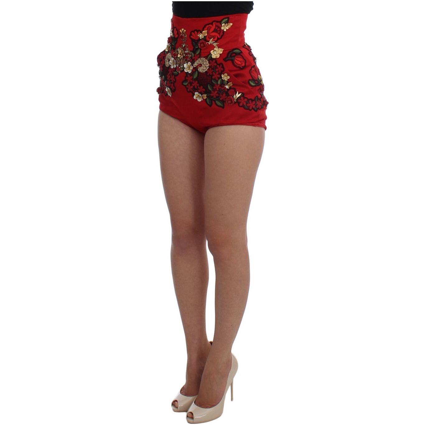 Dolce & Gabbana Red Silk Crystal Roses Shorts