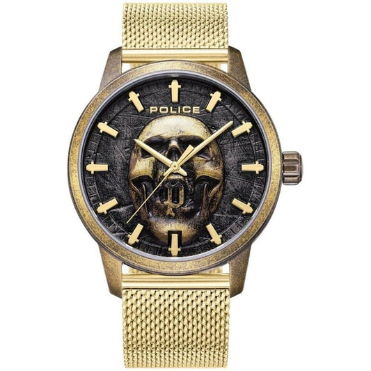 Police gold stainless steel watch with black skull dial and quartz mechanism, featuring a gold mesh bracelet, water resistant to 5ATM.