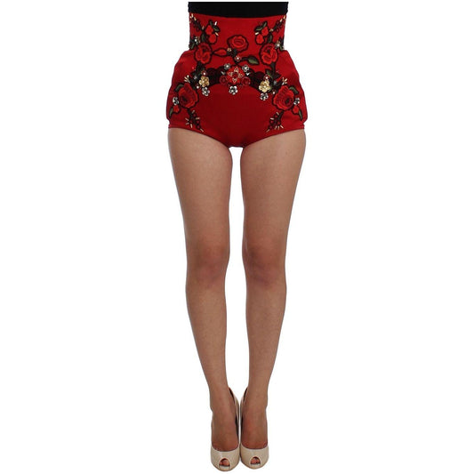 Dolce & Gabbana Red Silk Crystal Roses Shorts