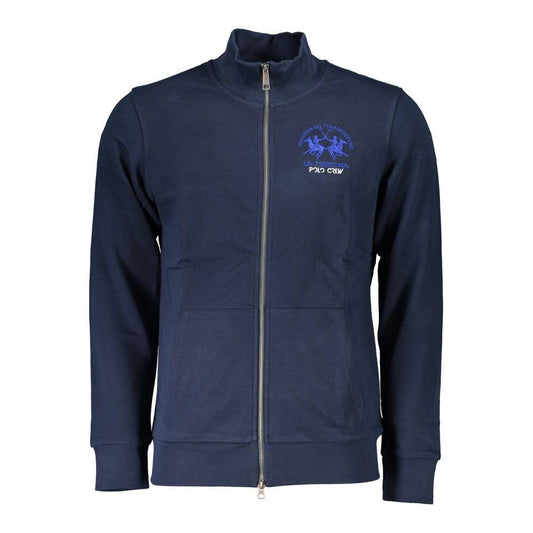 La Martina blue cotton men's sweater with zip closure and embroidered logo, featuring two central pockets for casual sophistication.