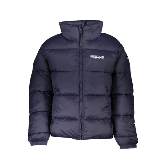 Napapijri blue polyamide men's jacket with recycled material, featuring external and internal pockets for sustainable style.