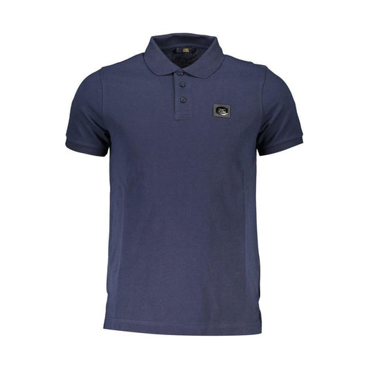 Cavalli Class blue cotton men's polo shirt with three-button placket, resplendent casual wear featuring logo print, short-sleeved elegance.