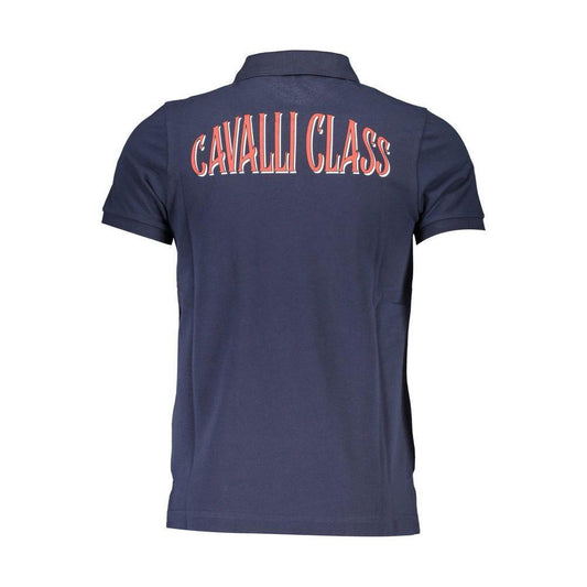 Back view of Cavalli Class blue cotton men's polo shirt with logo print
