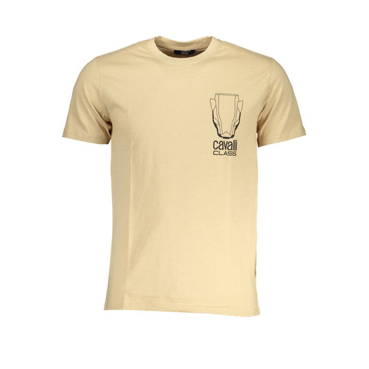 Cavalli Class beige cotton T-shirt with short sleeves, crew neck, and logo print. Perfect for casual style enthusiasts.