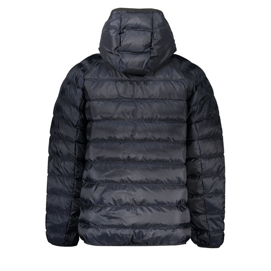 Back view of Tommy Hilfiger recycled polyester hooded jacket in blue, featuring a sleek design with quilted texture.