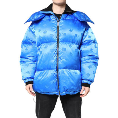 Dolce & Gabbana Blue Logo Full Zip Hooded Quilted Jacket