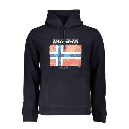 Napapijri blue cotton men's sweater with bold logo and central pocket, featuring stylish design and comfortable fleece material.