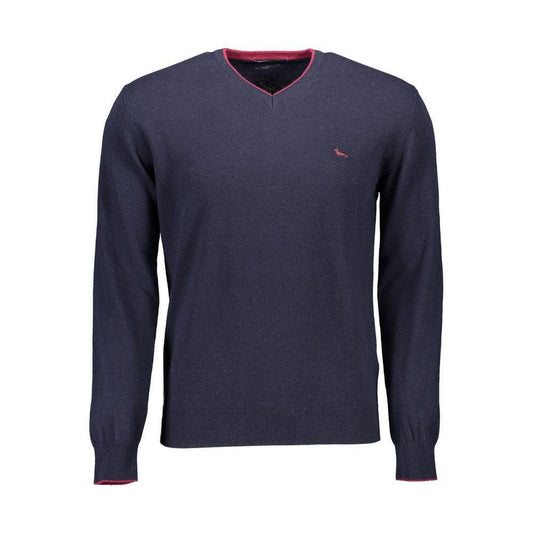 Harmont & Blaine blue wool men's sweater with V-neckline and red trim, featuring signature logo. Luxurious Italian craftsmanship.