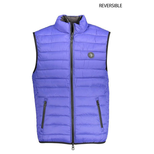 U.S. POLO ASSN. reversible blue and black men's sleeveless jacket with logo, featuring zipper closure and pockets for versatility.