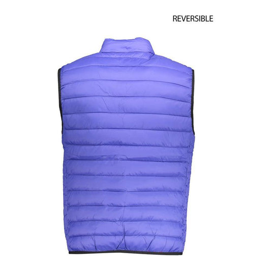 Reversible U.S. POLO ASSN. blue nylon sleeveless men's jacket showcasing back view with quilted design and bold color.