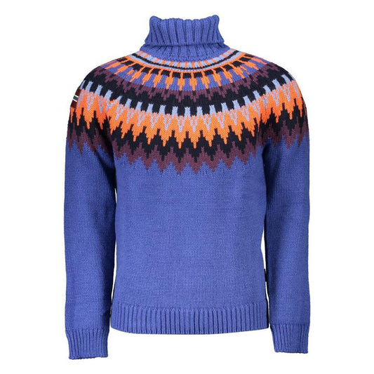 Napapijri blue acrylic men's sweater with high neck, contrast details, and logo embroidery for stylish comfort.