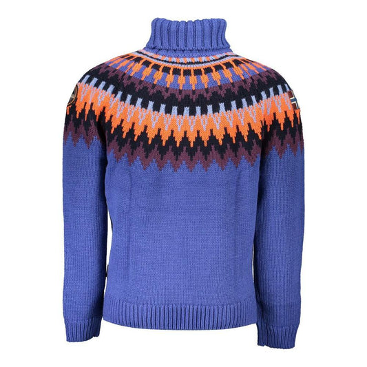 Napapijri blue acrylic men's sweater with a high neck, featuring colorful contrast patterns and logo embroidery for a trendy look.