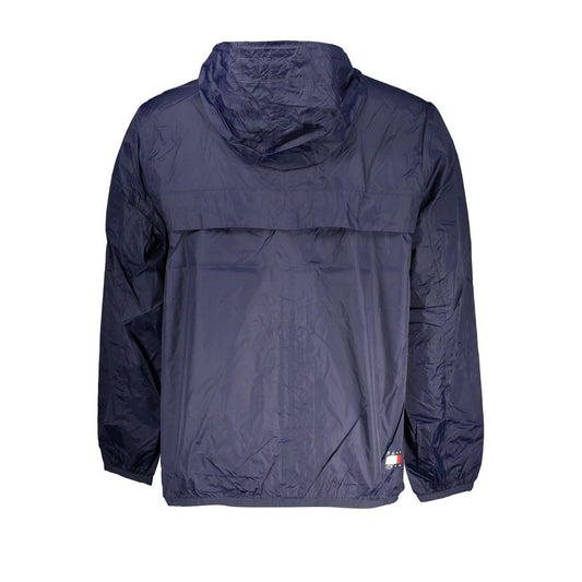 Tommy Hilfiger blue polyamide men's jacket with hood and logo, waterproof design, back view.