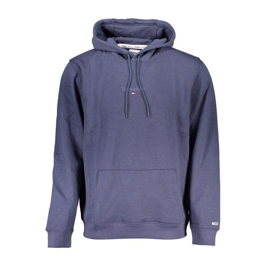Tommy Hilfiger blue cotton men's sweater with hood and embroidered logo, featuring cozy fleece inner and central pocket.