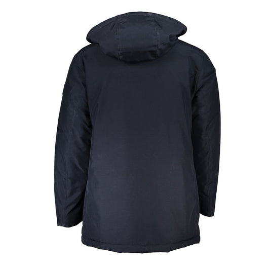 Back view of Hugo Boss blue polyamide men's jacket with detachable hood.