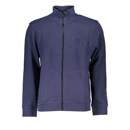 Hugo Boss blue cotton men's sweater, long sleeve with zipped detail, featuring a modern design and Hugo Boss logo on the front.
