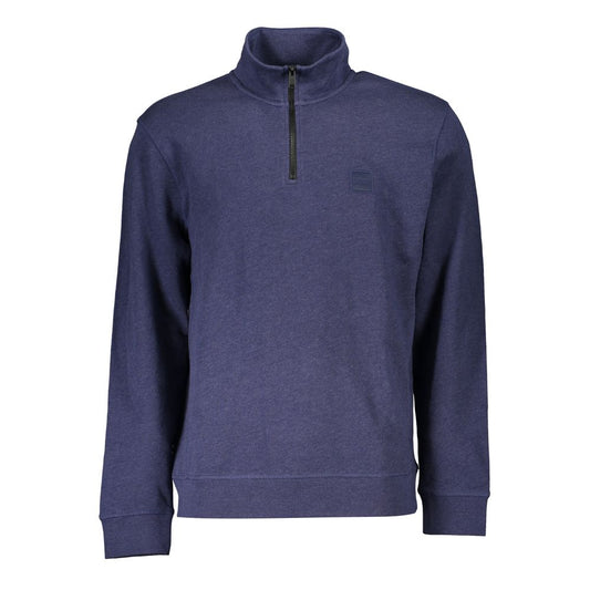 Hugo Boss blue cotton men's sweater with half-zip design, crafted from organic cotton blend, showcasing a sleek, modern look.