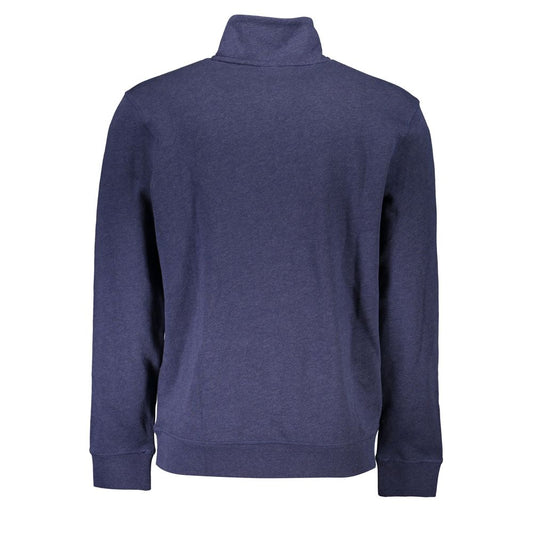 Hugo Boss blue cotton men's sweater with half-zip design and logo, back view showcasing its sleek, casual luxury and comfort.