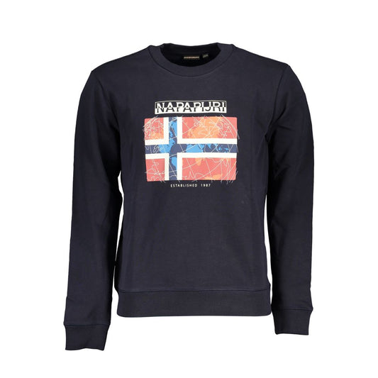 Napapijri blue cotton men's sweater featuring bold print, long sleeves, and crew neck design for a stylish and comfortable fit.