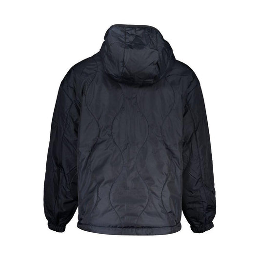 Tommy Hilfiger blue polyester men's reversible jacket back view with hood and quilted pattern, highlighting sustainable fashion.