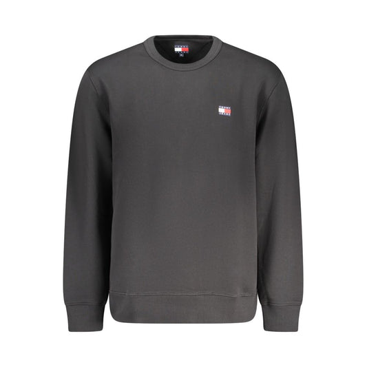 Tommy Hilfiger black cotton men's sweater with brushed finish and logo appliqué, showcasing sustainable and stylish fashion.