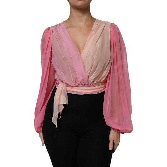 Dolce & Gabbana Pink Plunging V-neck Long Sleeves Blouse Top 1728,67345645728,Clothing,Dolce & Gabbana,IT40|S,Material: 100% Silk,New with tags,Pink,Tops & T-Shirts - Women - Clothing,Women,Women - Clothing Dolce & Gabbana TSH87591-40