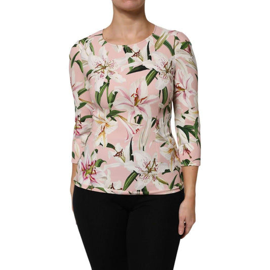 Dolce & Gabbana Pink Lily Print Viscose Round Neck Blouse Top 1728,67345645728,Clothing,Dolce & Gabbana,IT42|M,Material: 95% Viscose 5% Elastane,Pink,Preowned / Defect,Tops & T-Shirts - Women - Clothing,Women,Women - Clothing Dolce & Gabbana TSH87611-42