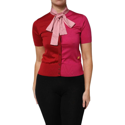 Dolce & Gabbana Pink Short Sleeves Buttoned Ascot Collar Top 1728,67345645728,Clothing,Dolce & Gabbana,IT40|S,Material: 100% Silk,New with tags,Pink,Tops & T-Shirts - Women - Clothing,Women,Women - Clothing Dolce & Gabbana TSH87618-40
