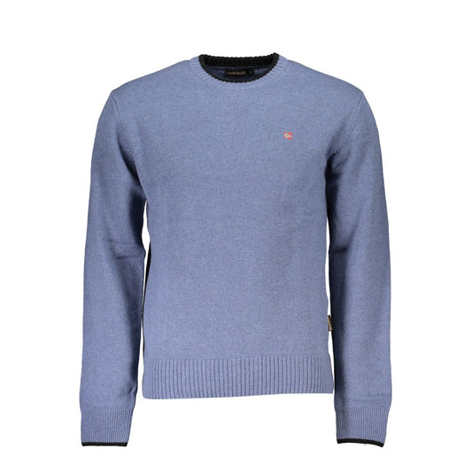 Napapijri blue fabric men's sweater with crew neck, contrast accents, and iconic embroidered logo for stylish and comfortable wear.