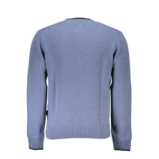 Back view of Napapijri blue fabric men's sweater with long sleeves and crew neck, featuring embroidered logo and contrast accents.