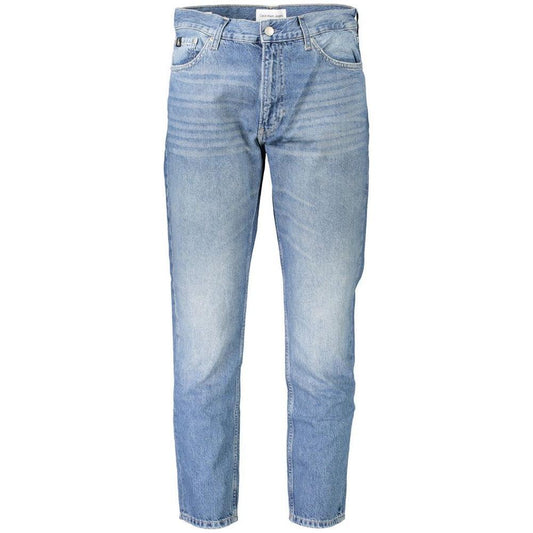 Calvin Klein blue cotton men's jeans with modern washed effect and classic zip closure, 5-pocket design, subtle logo, versatile staple.