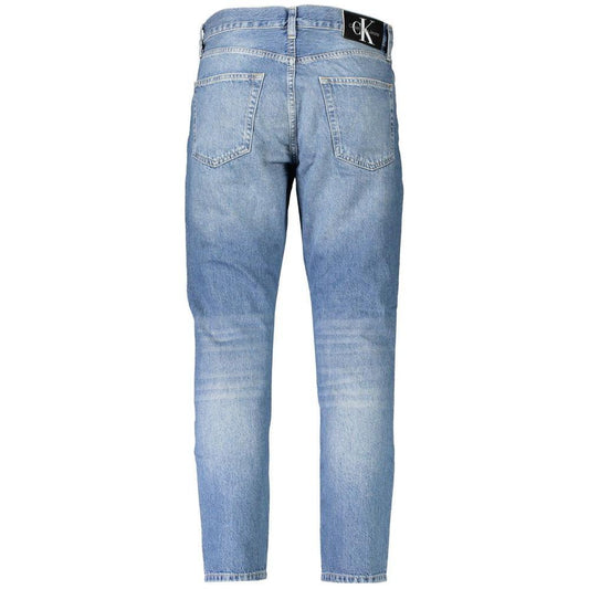 Calvin Klein blue cotton men's jeans with modern washed effect, featuring 5-pocket design and signature logo at back waist.