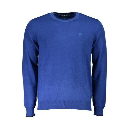 North Sails blue cotton men's sweater with round neck and emblematic logo embroidery, crafted from organic cotton for sustainable fashion.