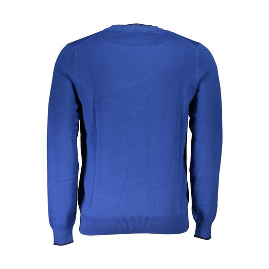 North Sails blue cotton men's sweater with long sleeves and round neck, featuring contrasting details and sustainable fashion design.
